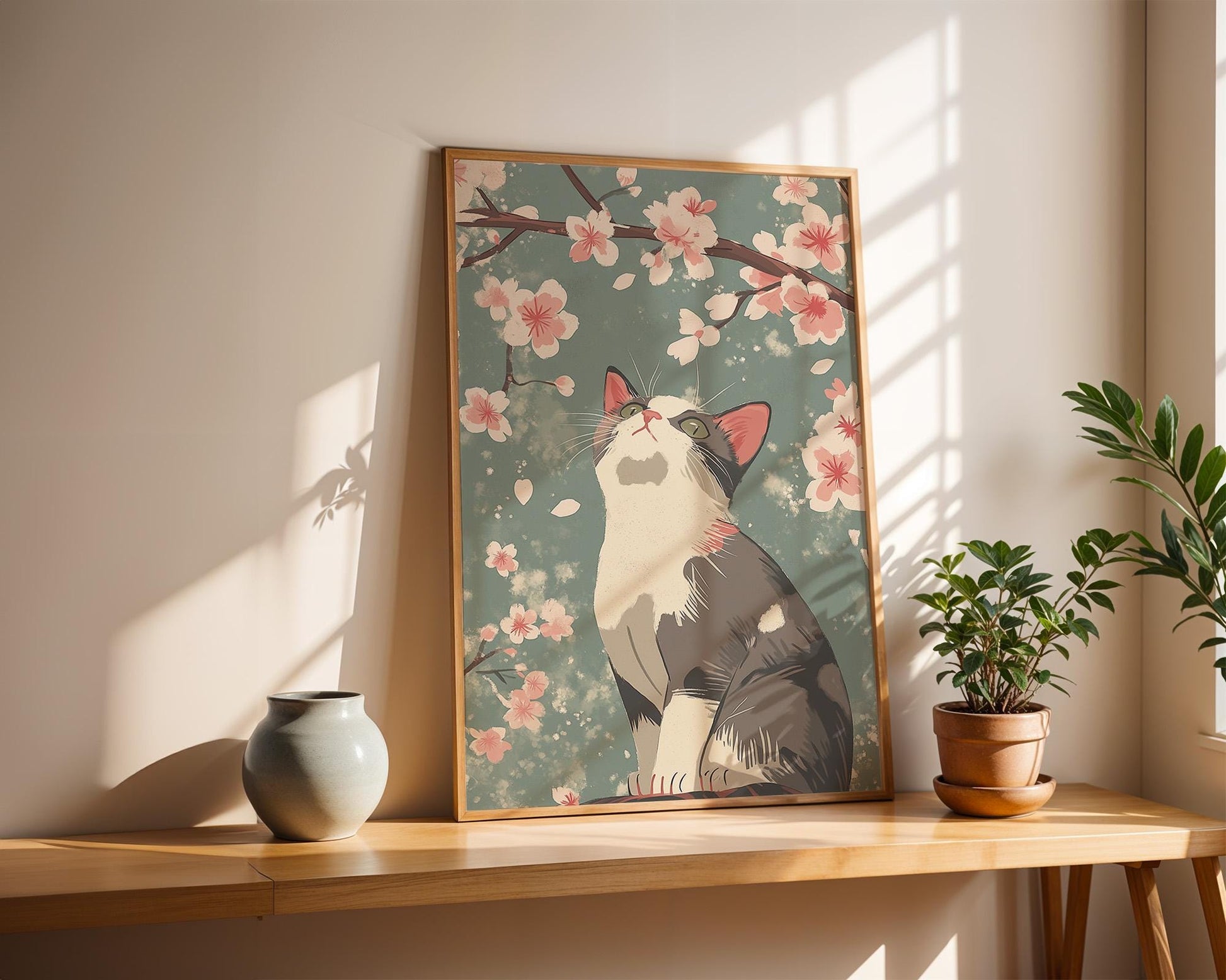 Japanese Wall Art | Cat and Cherry Blossom Art Print
