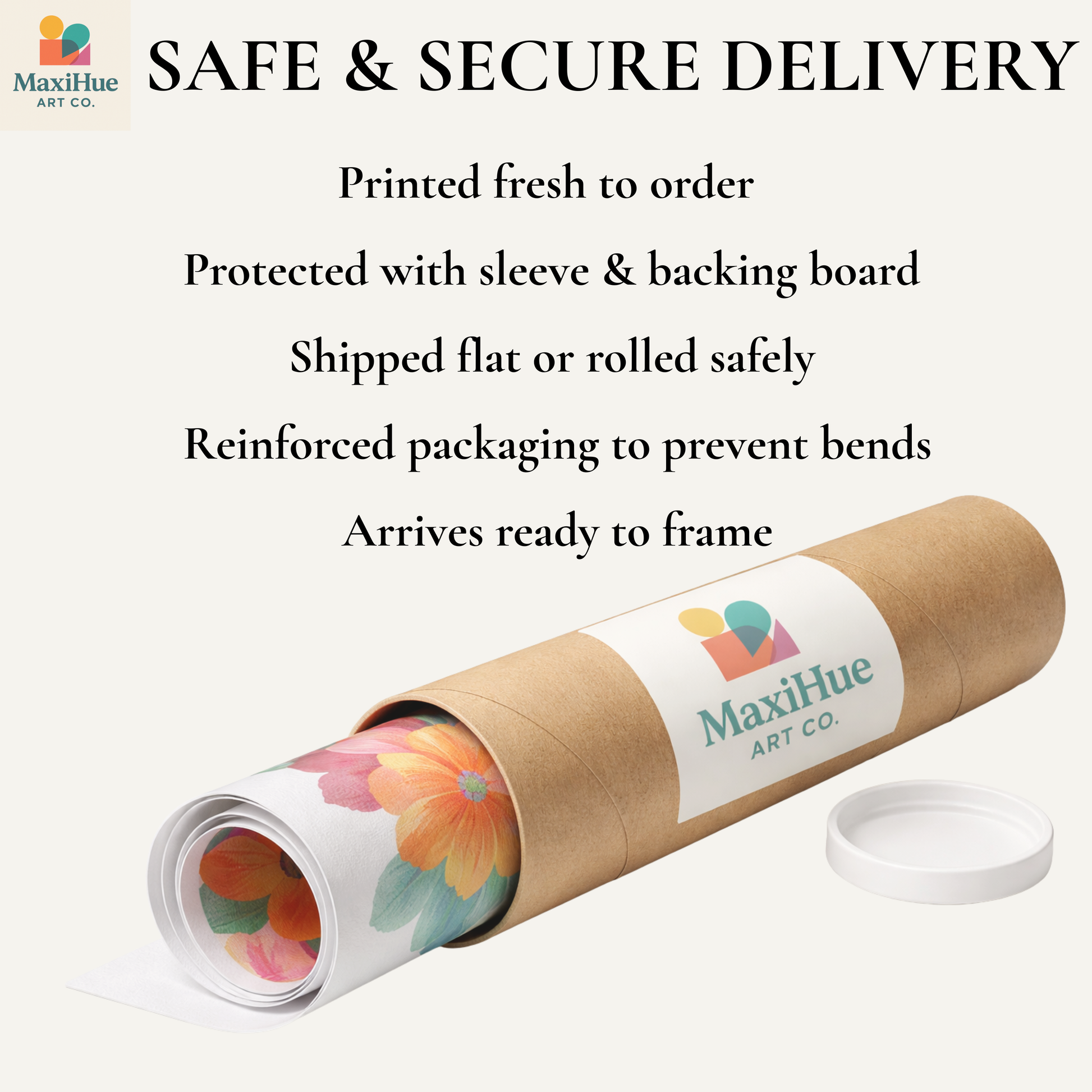 a roll of paper with a floral design, which is labeled as "MaxiHue Art Co." and is described as "safe and secure delivery".