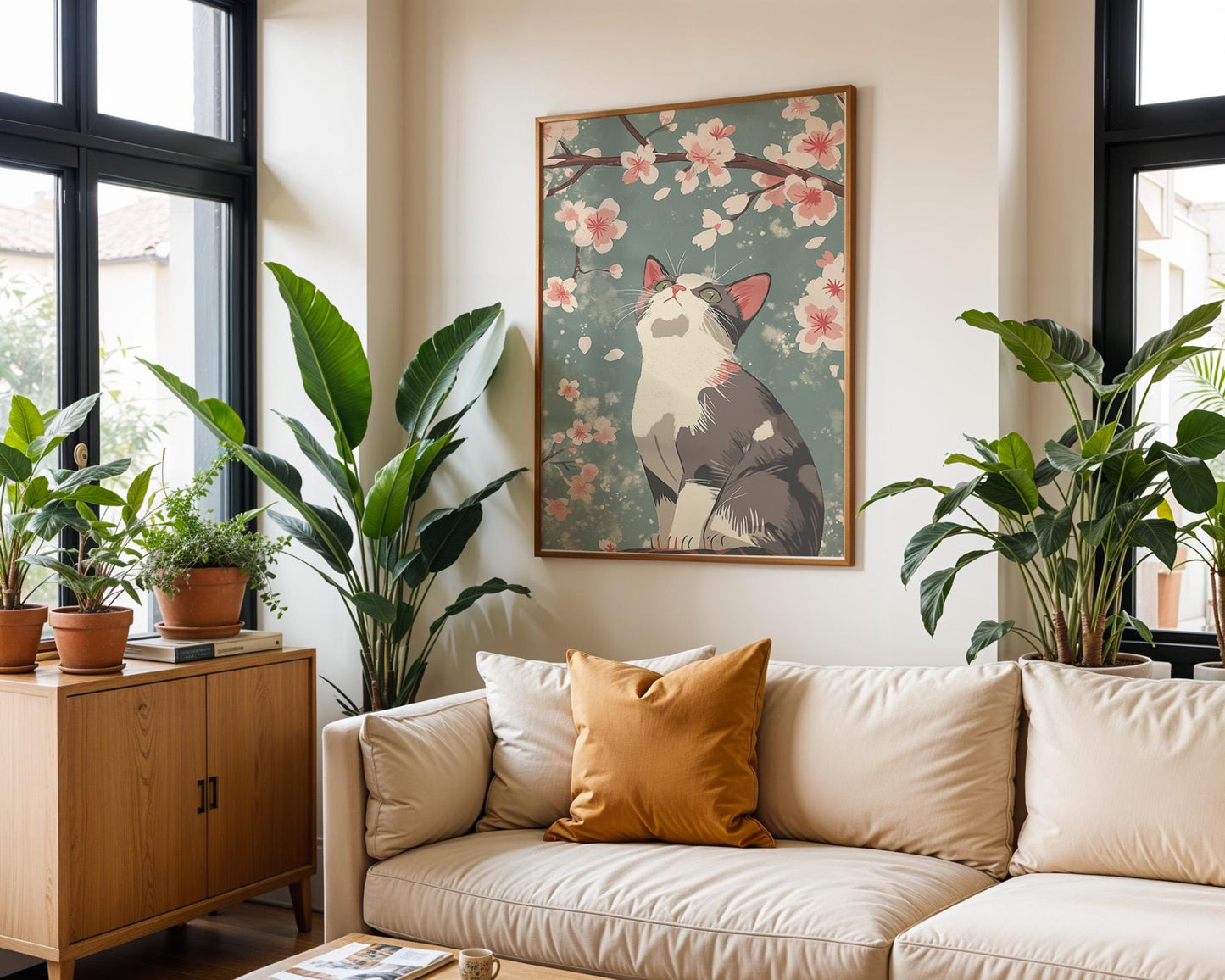 Japanese Wall Art | Cat and Cherry Blossom Art Print