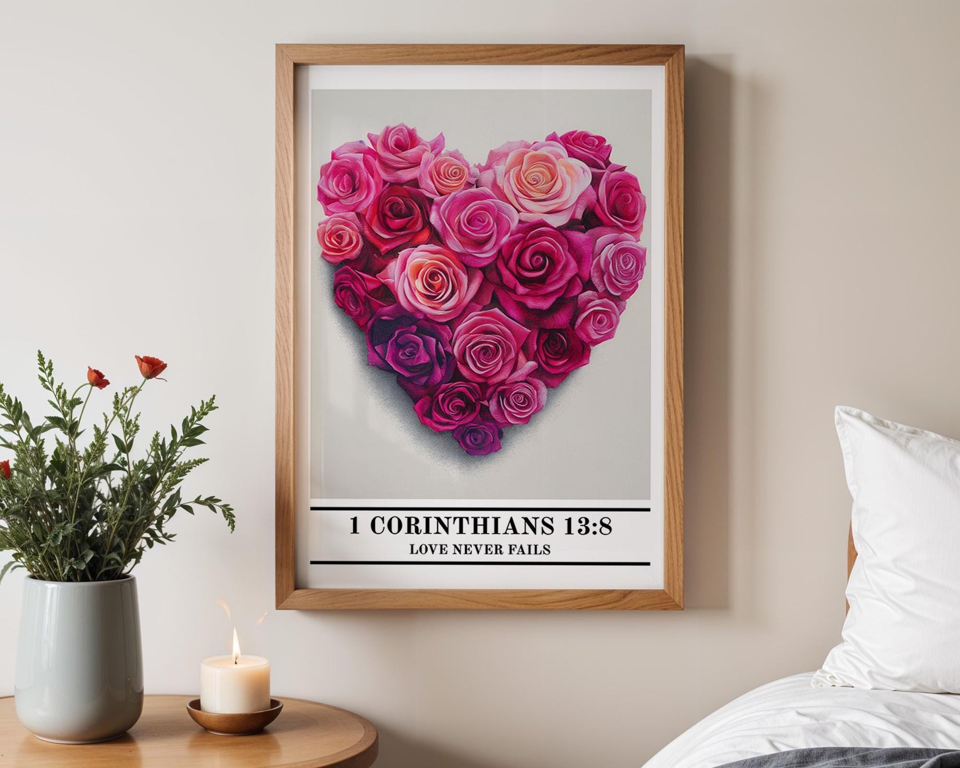 Christian Wall Art | 1 Corinthians 13:8 Rose Heart Decor