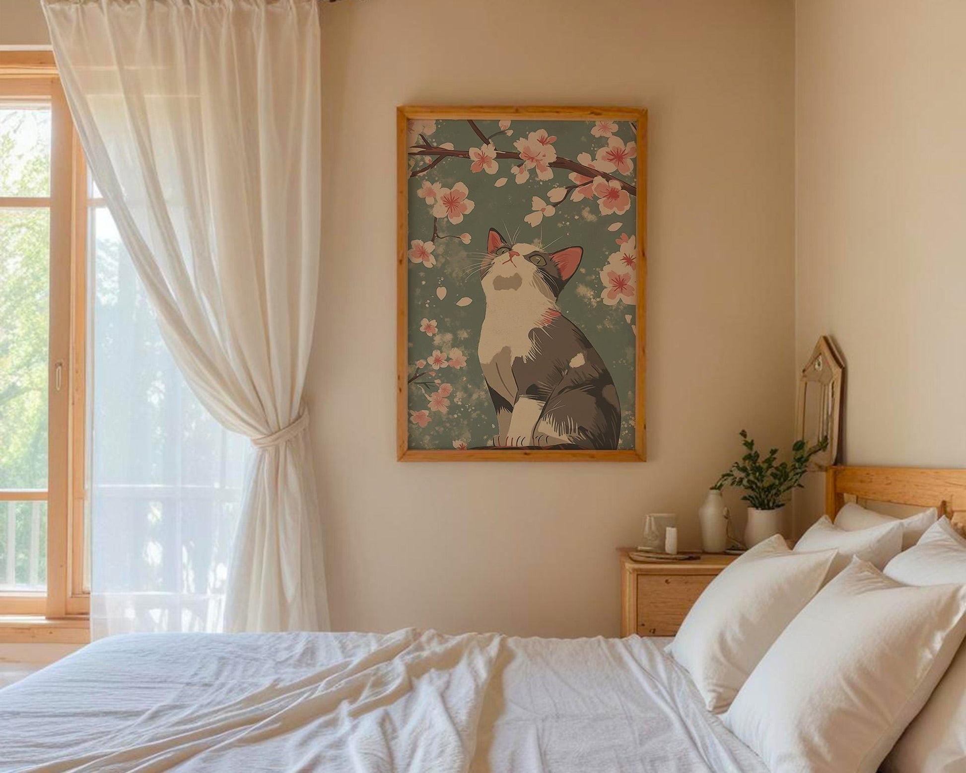 Japanese Wall Art | Cat and Cherry Blossom Art Print