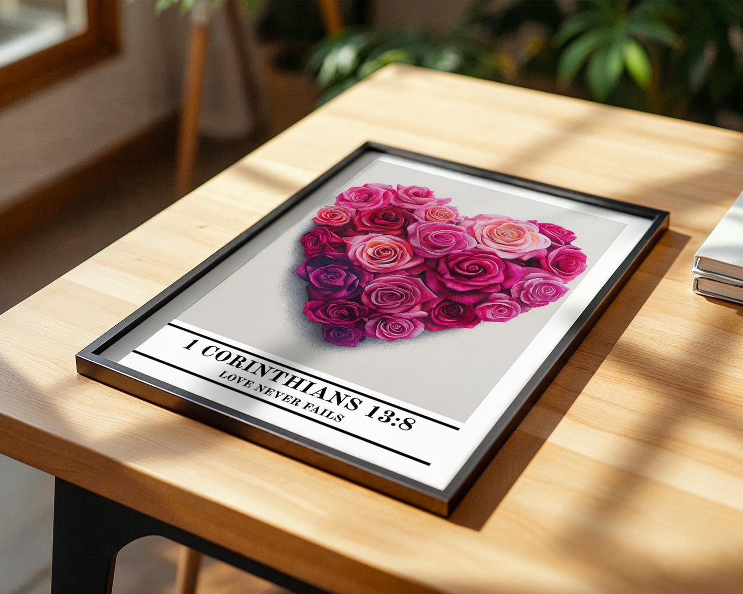 Christian Wall Art | 1 Corinthians 13:8 Rose Heart Decor