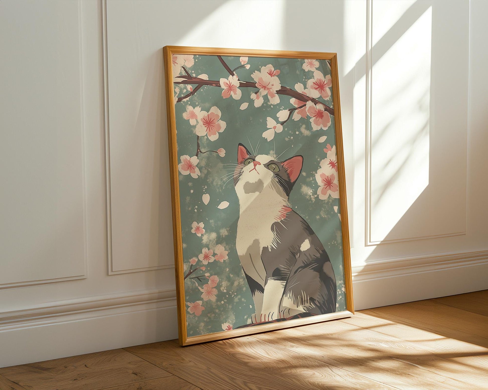 Japanese Wall Art | Cat and Cherry Blossom Art Print