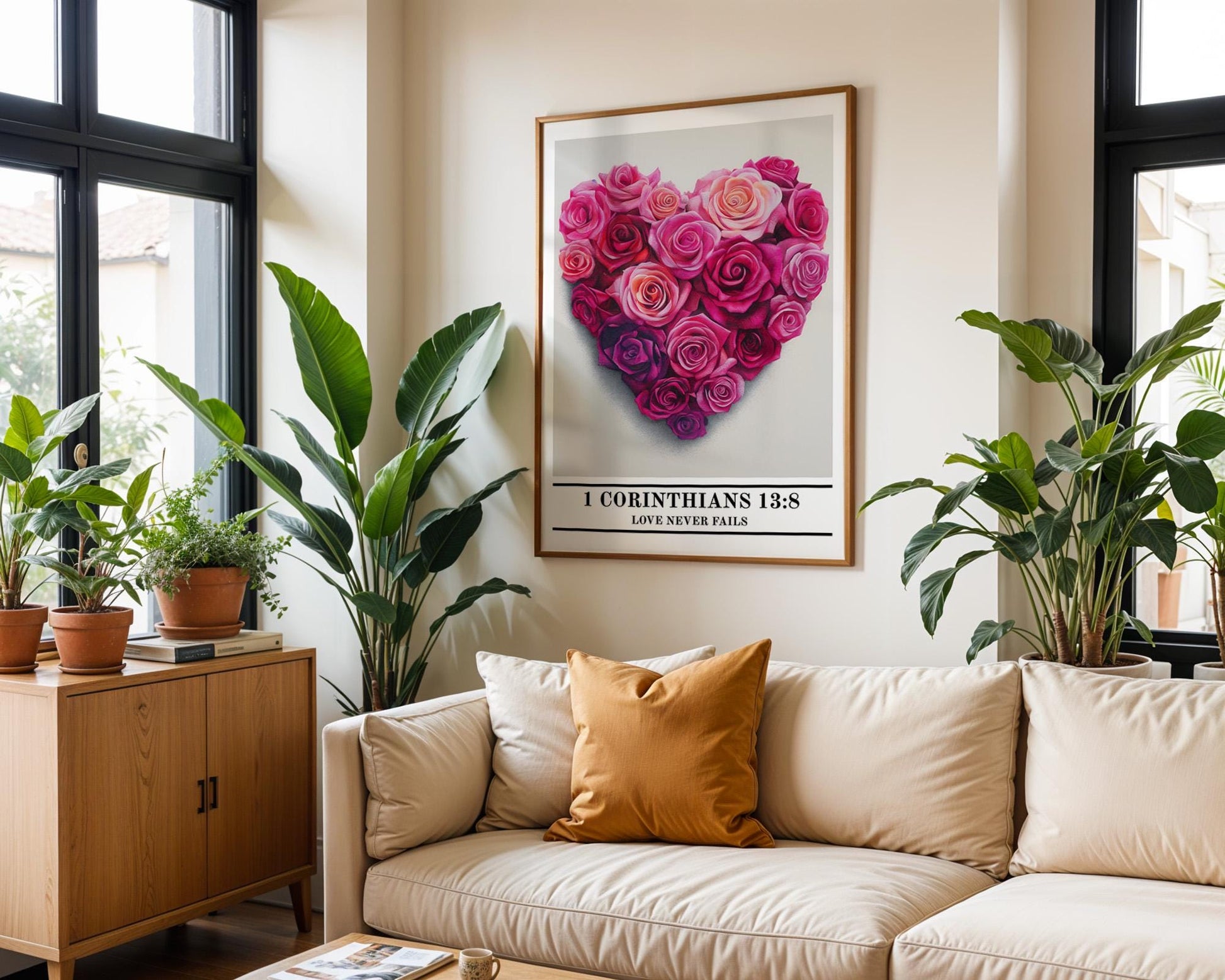 Christian Wall Art | 1 Corinthians 13:8 Rose Heart Decor