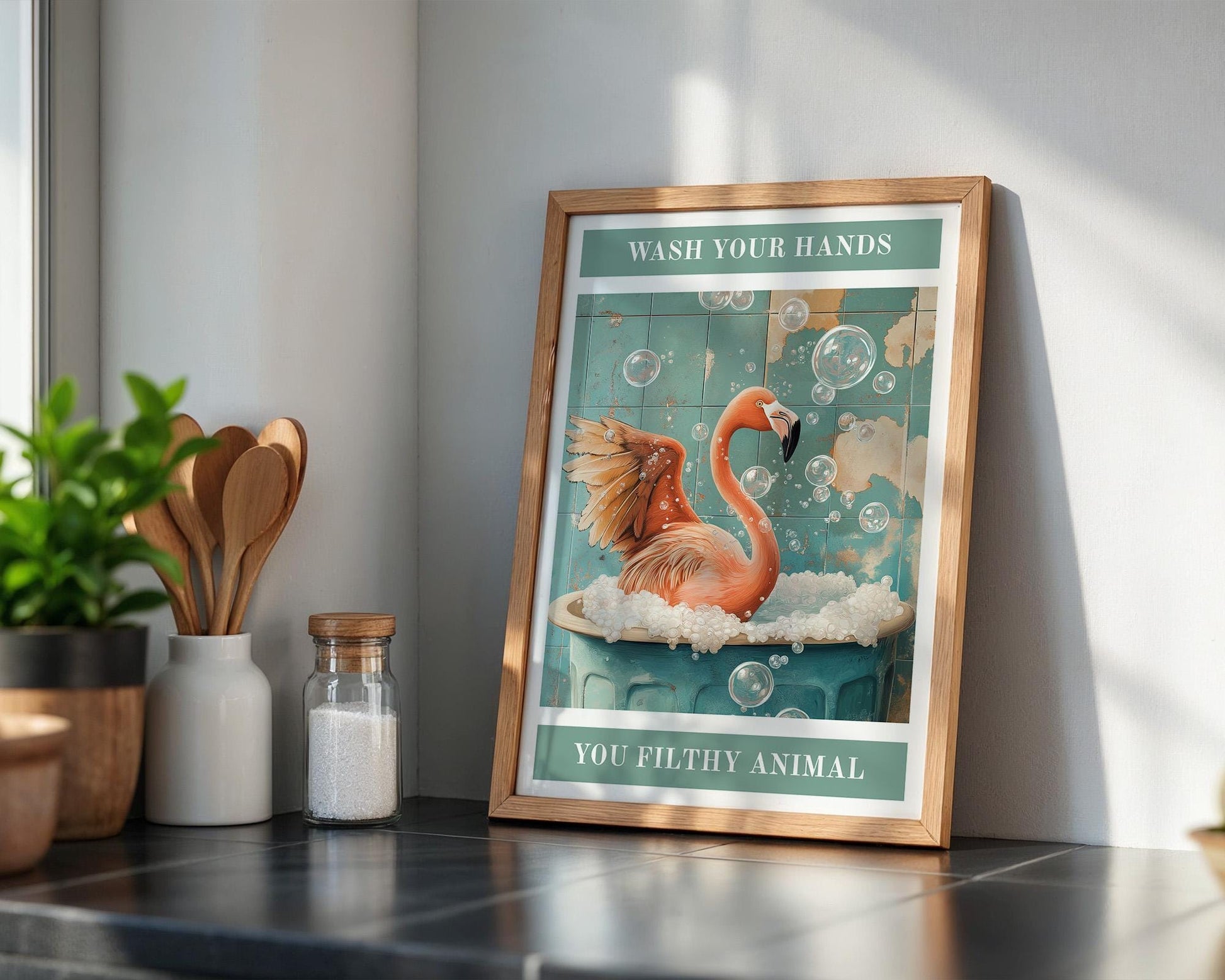 Bathroom Wall Art | Funny Flamingo Wash Your Hands Sign
