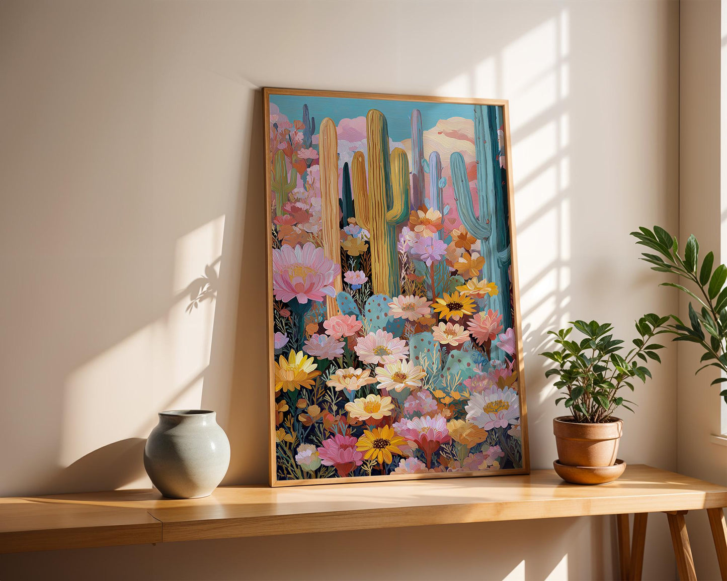Maximalist Floral Wall Art | Vibrant Cactus Print Abstract Boho Decor