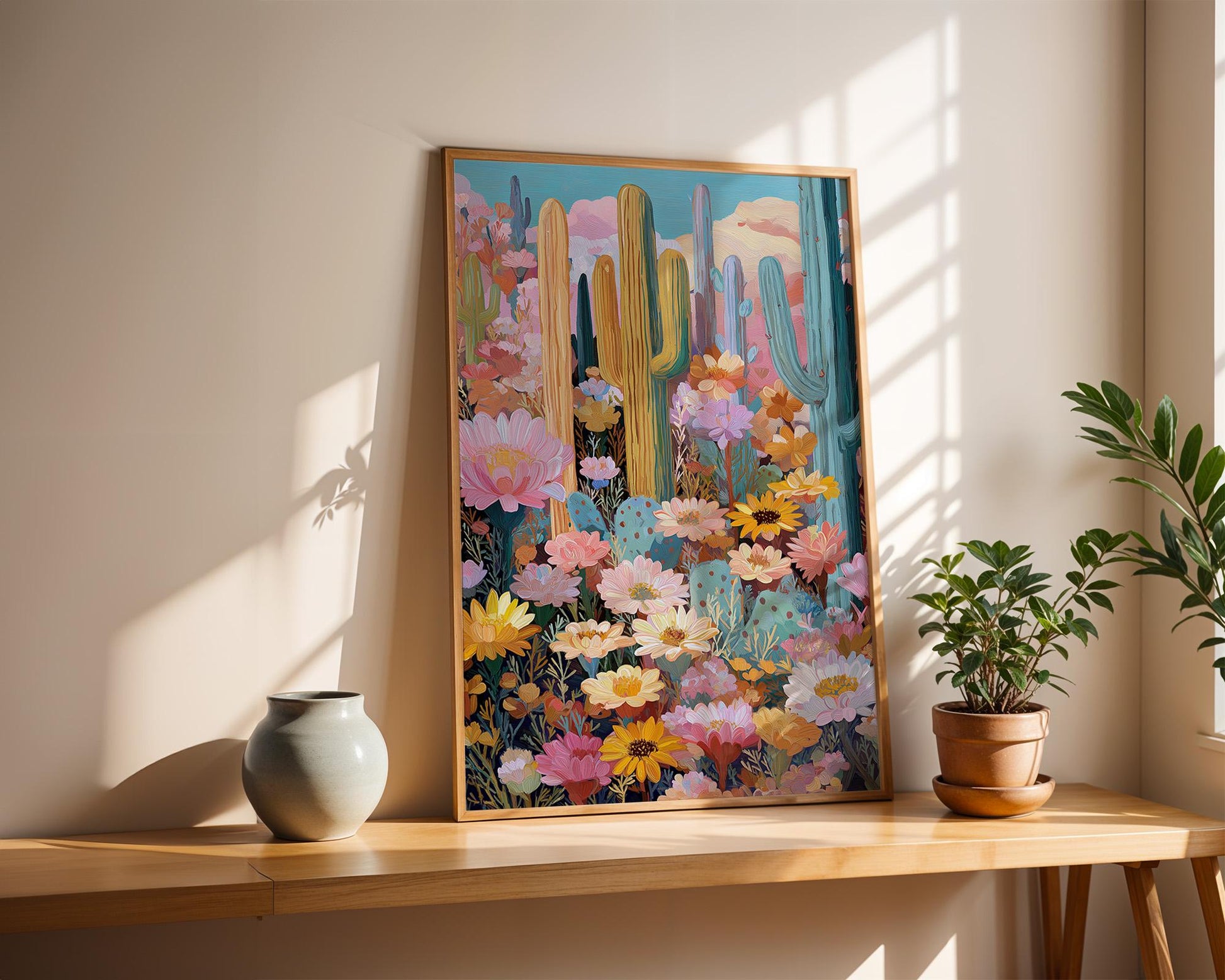 Maximalist Floral Wall Art | Vibrant Cactus Print Abstract Boho Decor