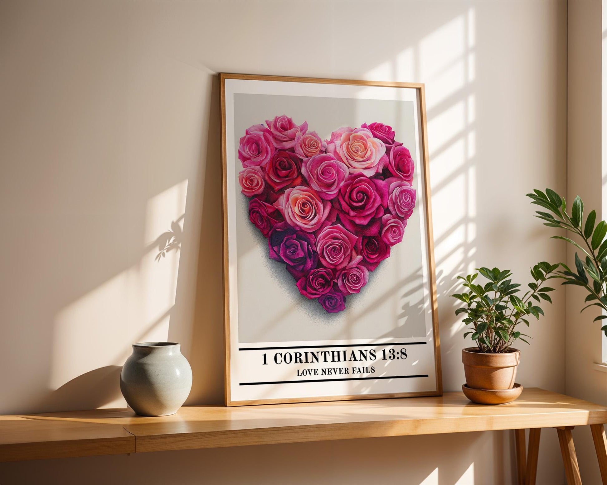 Christian Wall Art | 1 Corinthians 13:8 Rose Heart Decor