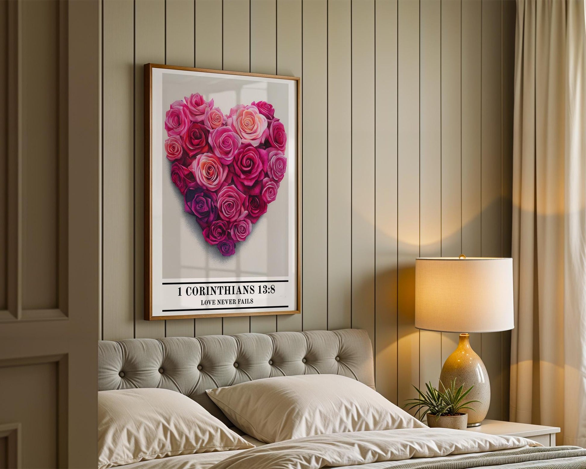 Christian Wall Art | 1 Corinthians 13:8 Rose Heart Decor
