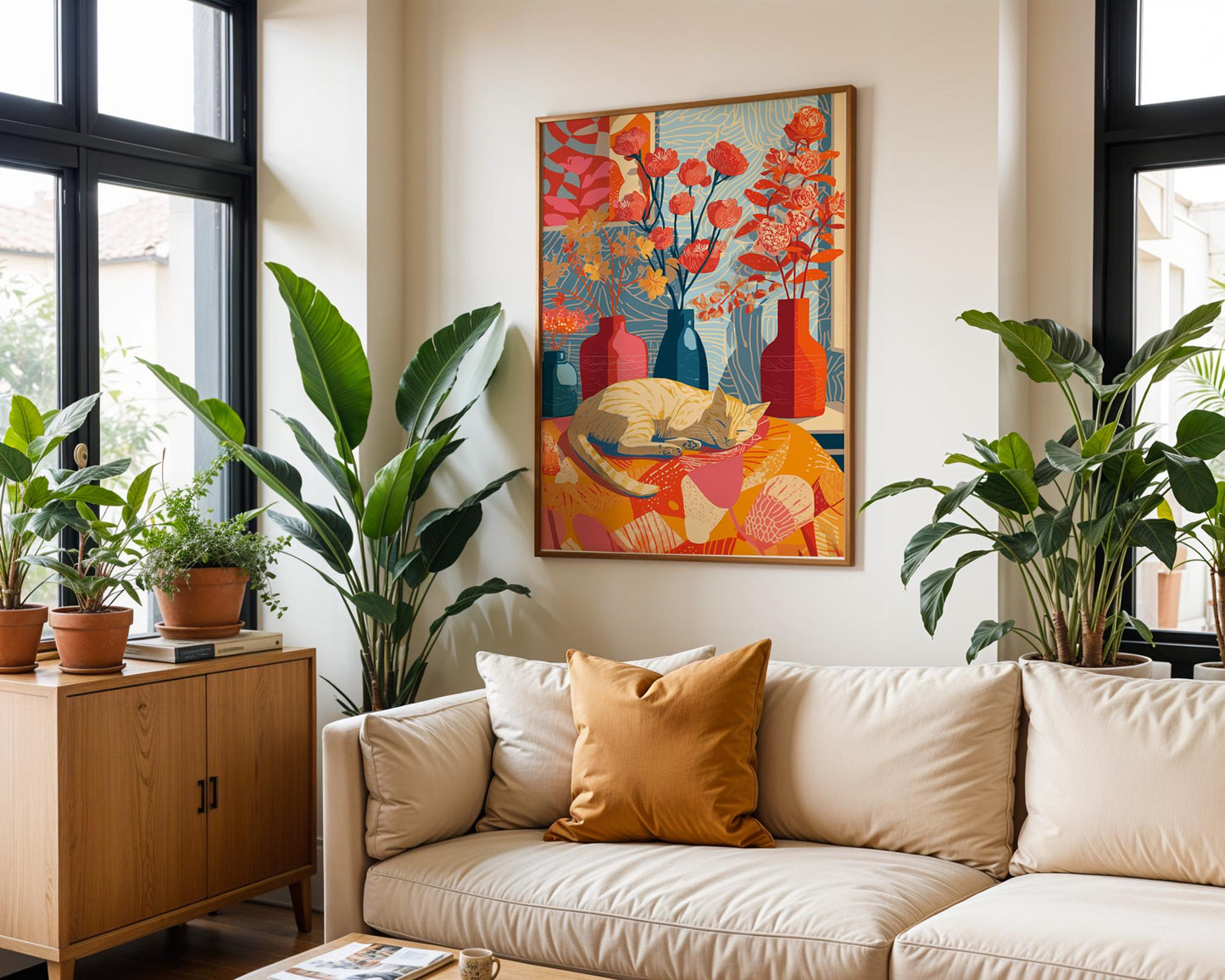 Abstract Cat Art | Retro Botanical Animal Maximalist Decor