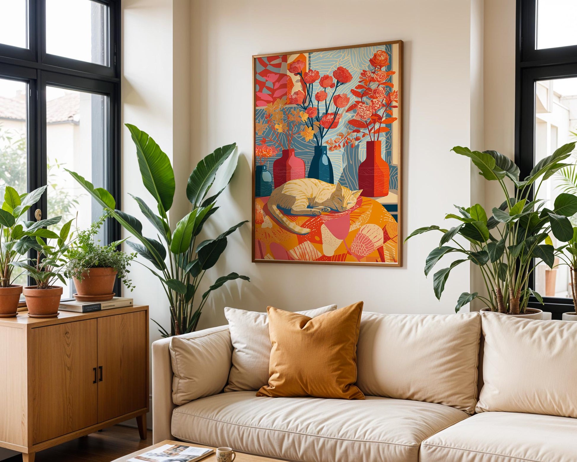 Abstract Cat Art | Retro Botanical Animal Maximalist Decor