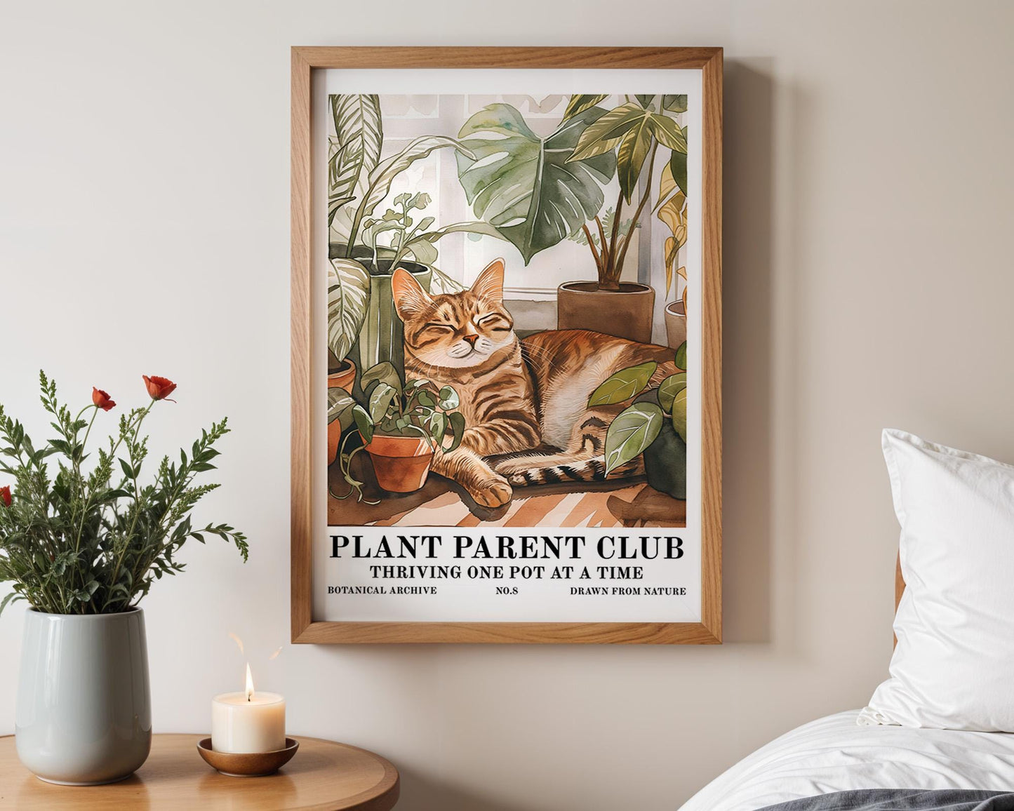 Flower Wall Decor | Retro Houseplant Print with Cat