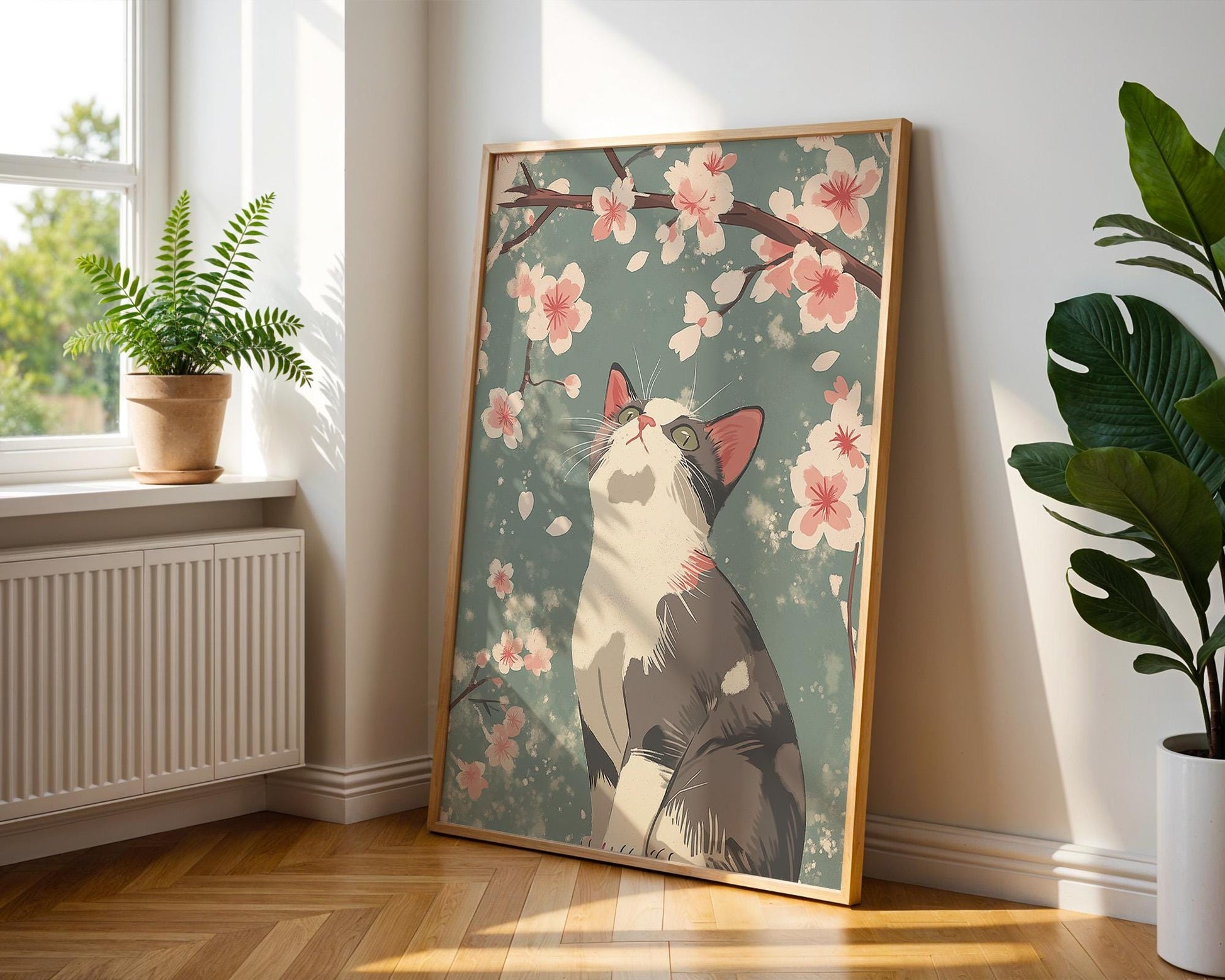 Japanese Wall Art | Cat and Cherry Blossom Art Print