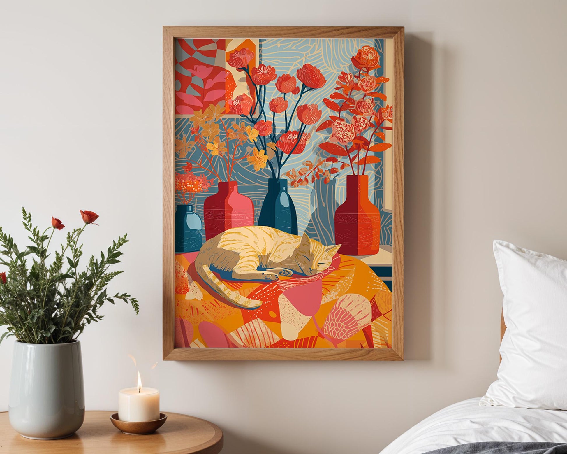 Abstract Cat Art | Retro Botanical Animal Maximalist Decor
