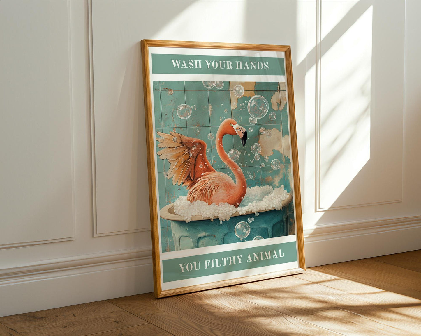 Bathroom Wall Art | Funny Flamingo Wash Your Hands Sign