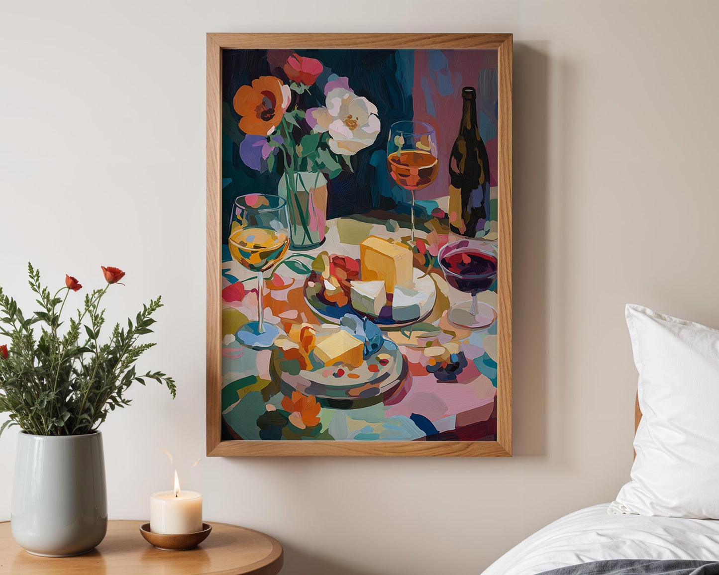 Kitchen Wall Art | Floral Wine and Cheese Print