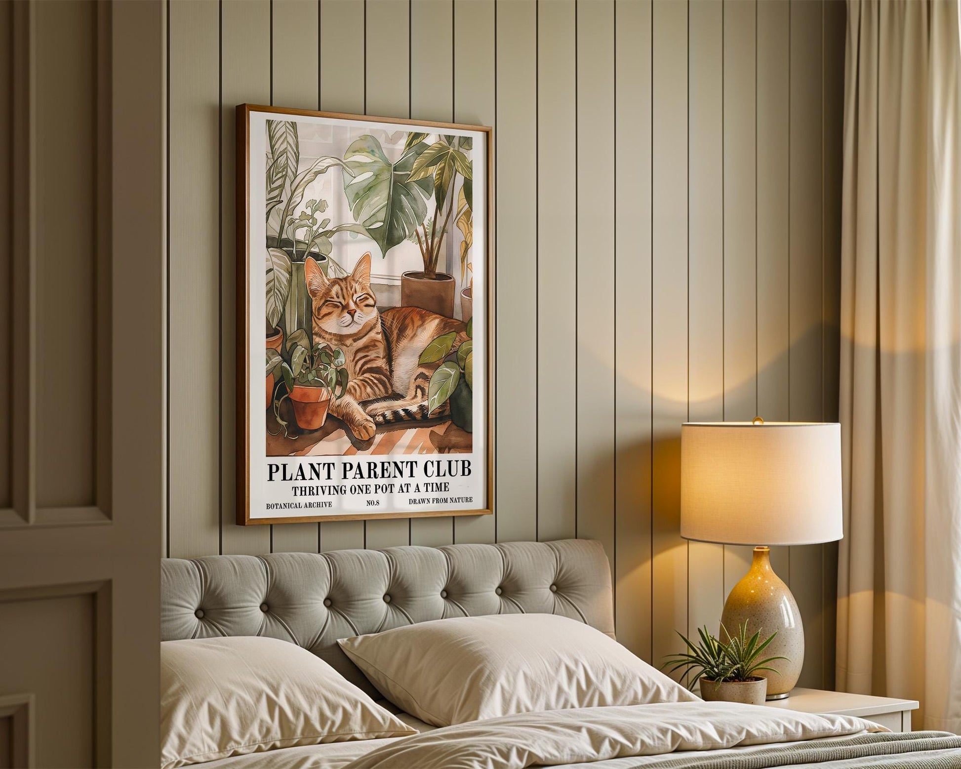Flower Wall Decor | Retro Houseplant Print with Cat