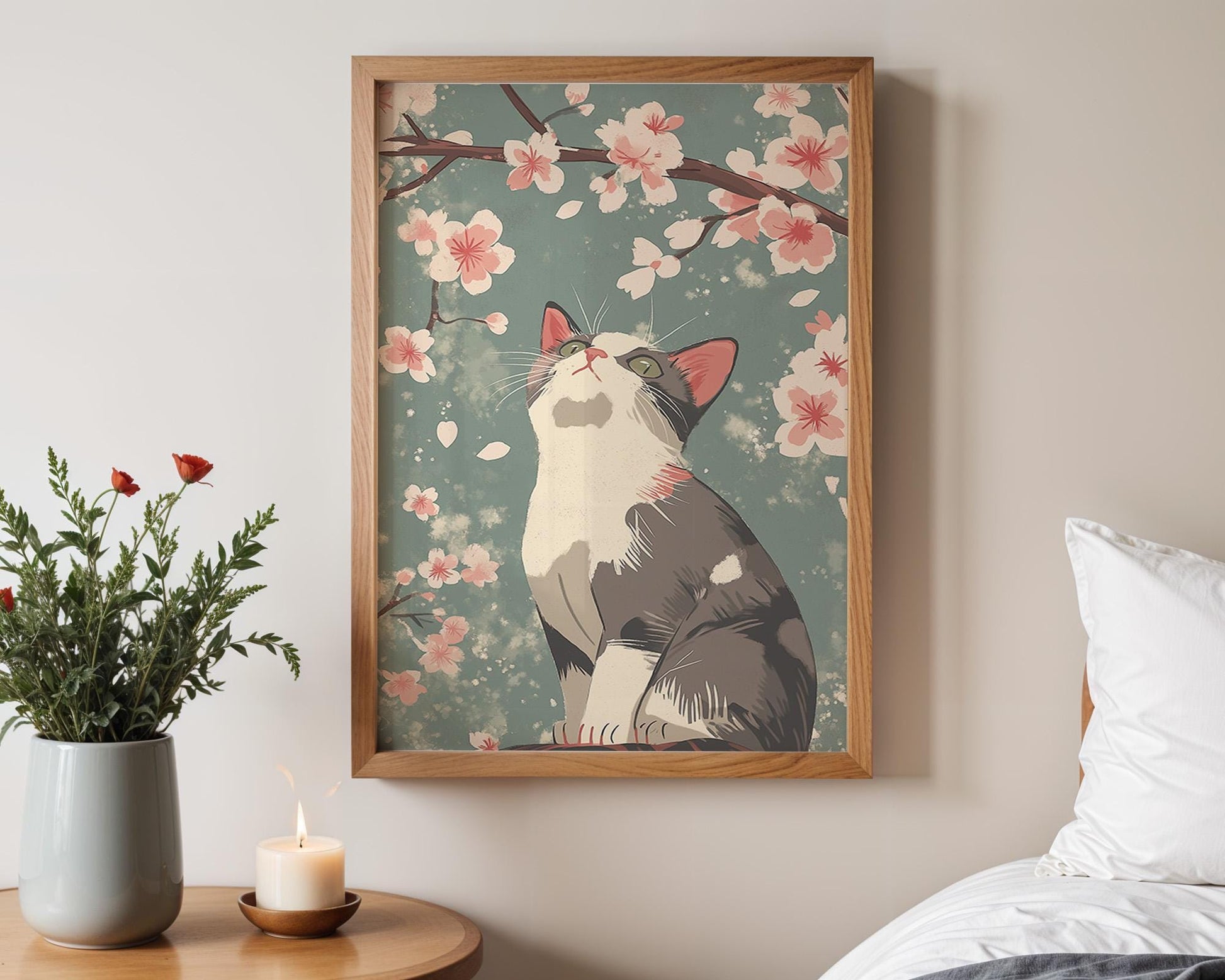 Japanese Wall Art | Cat and Cherry Blossom Art Print