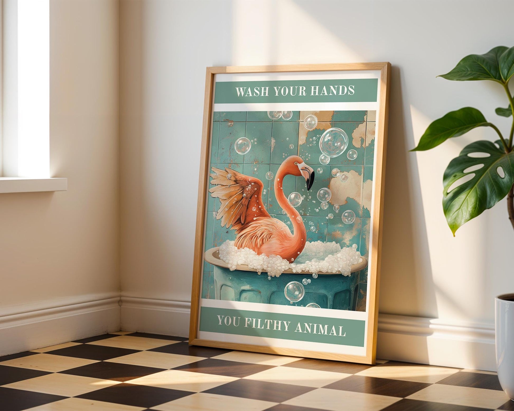 Bathroom Wall Art | Funny Flamingo Wash Your Hands Sign