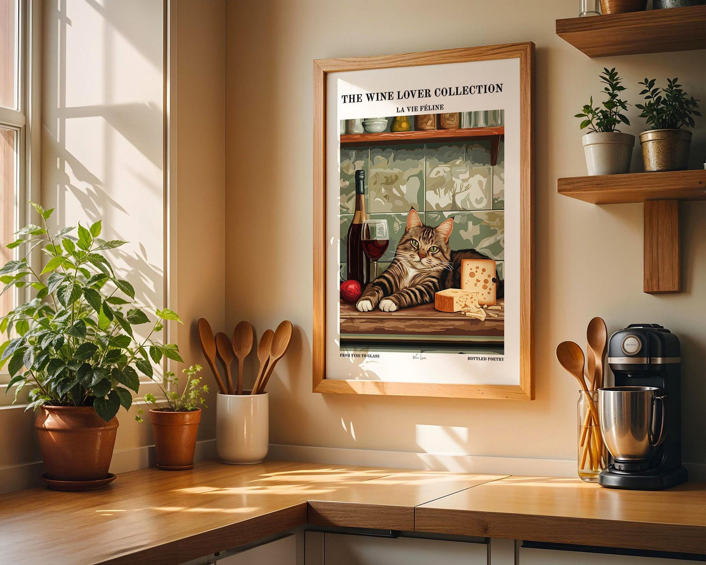 Kitchen Wall Art | Cat, Wine and Cheese Art