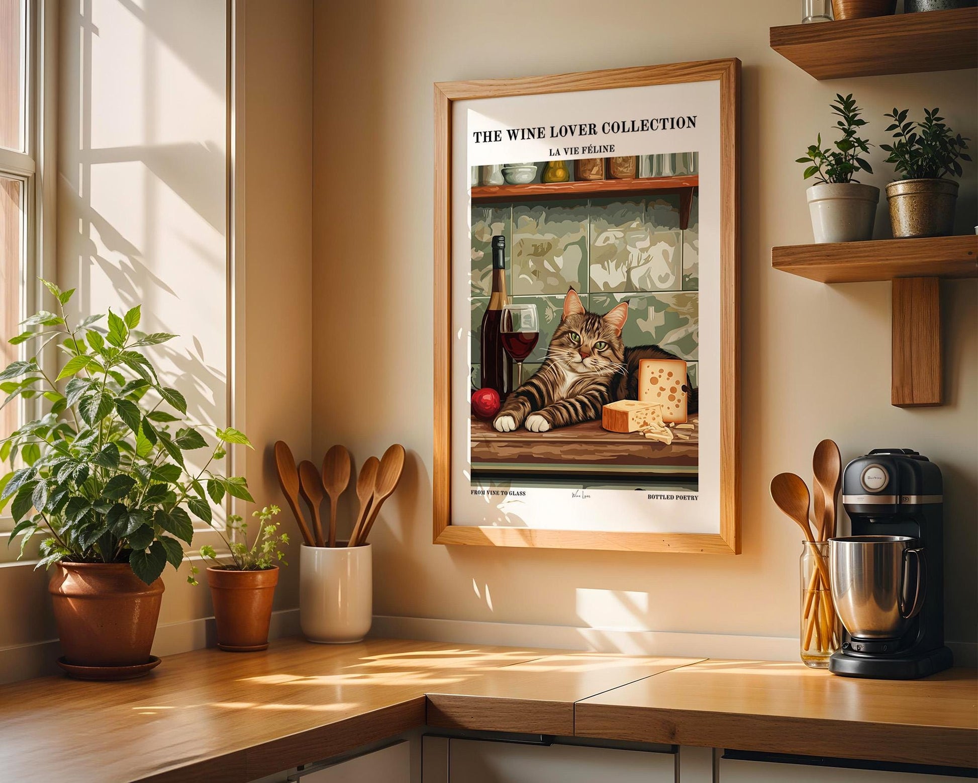 Kitchen Wall Art | Cat, Wine and Cheese Art