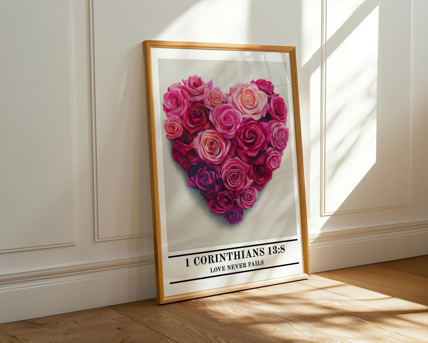 Christian Wall Art | 1 Corinthians 13:8 Rose Heart Decor