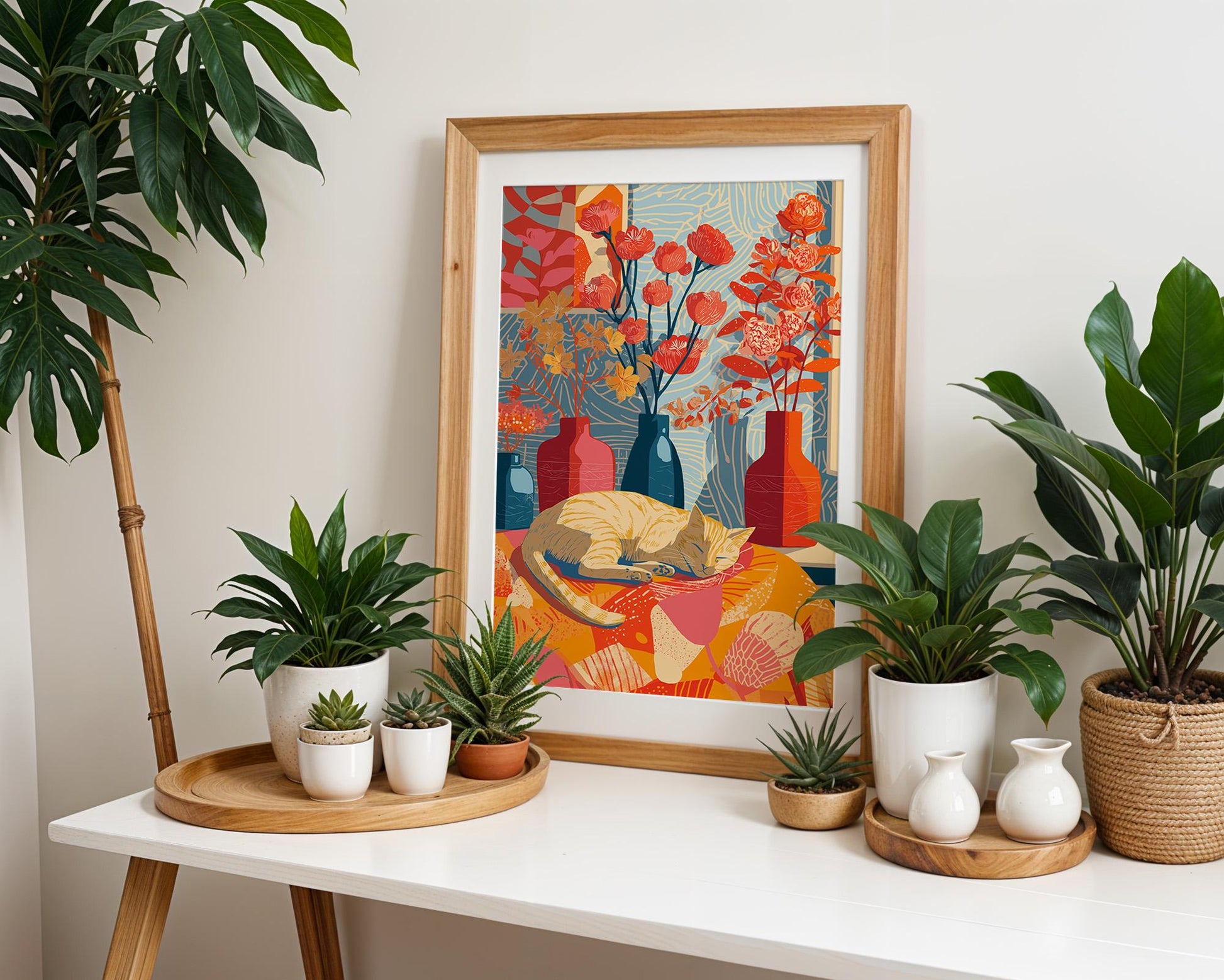 Abstract Cat Art | Retro Botanical Animal Maximalist Decor