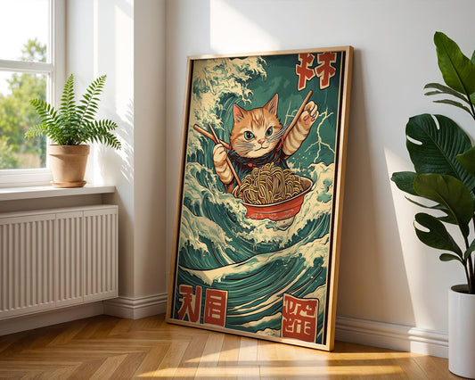 Japanese Wall Art | Samurai Cat Ramen Poster