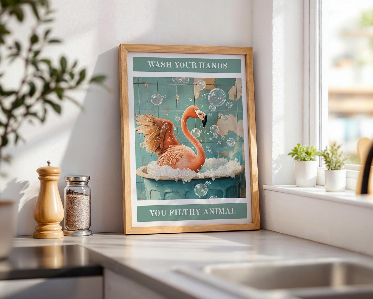 Bathroom Wall Art | Funny Flamingo Wash Your Hands Sign