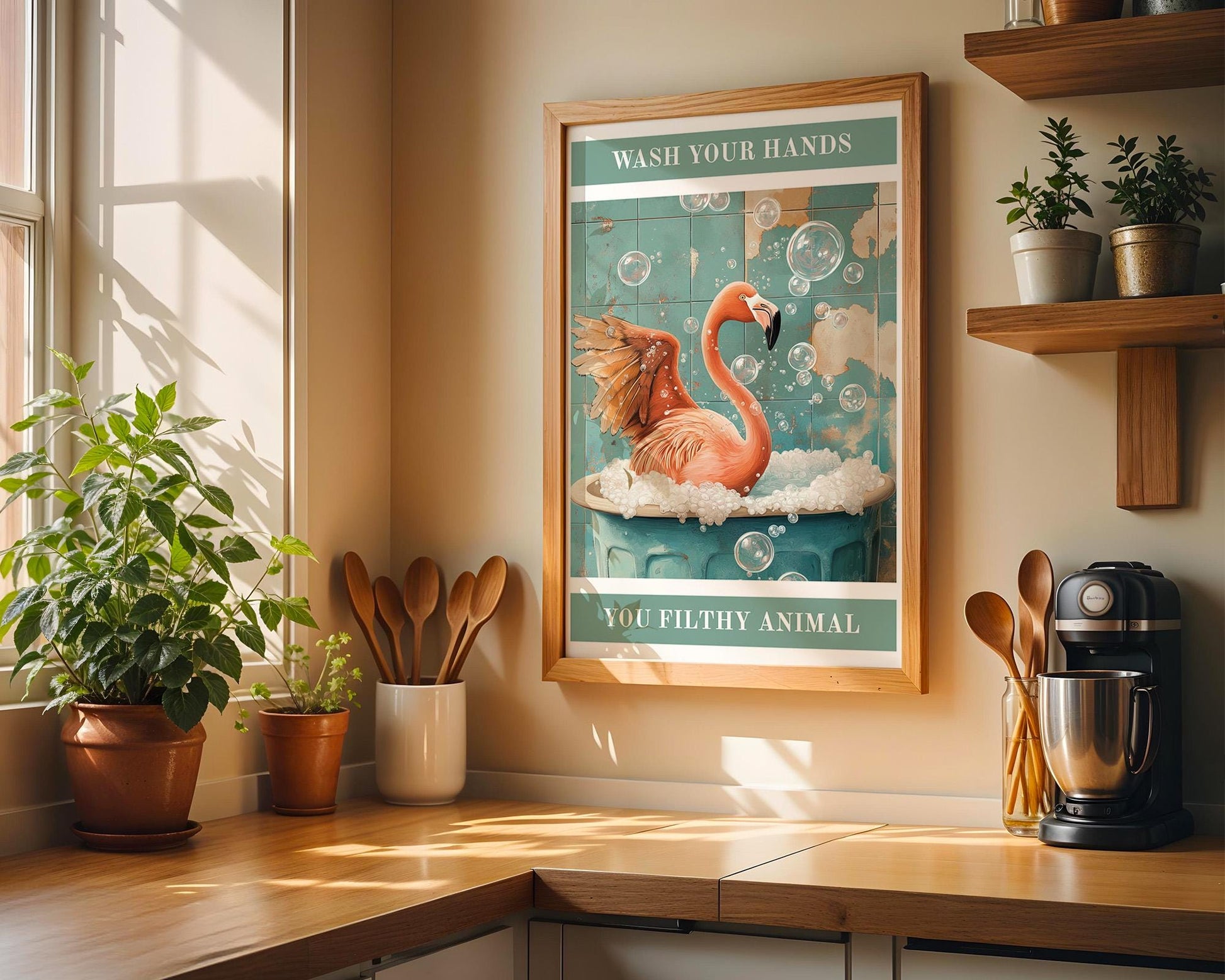 Bathroom Wall Art | Funny Flamingo Wash Your Hands Sign