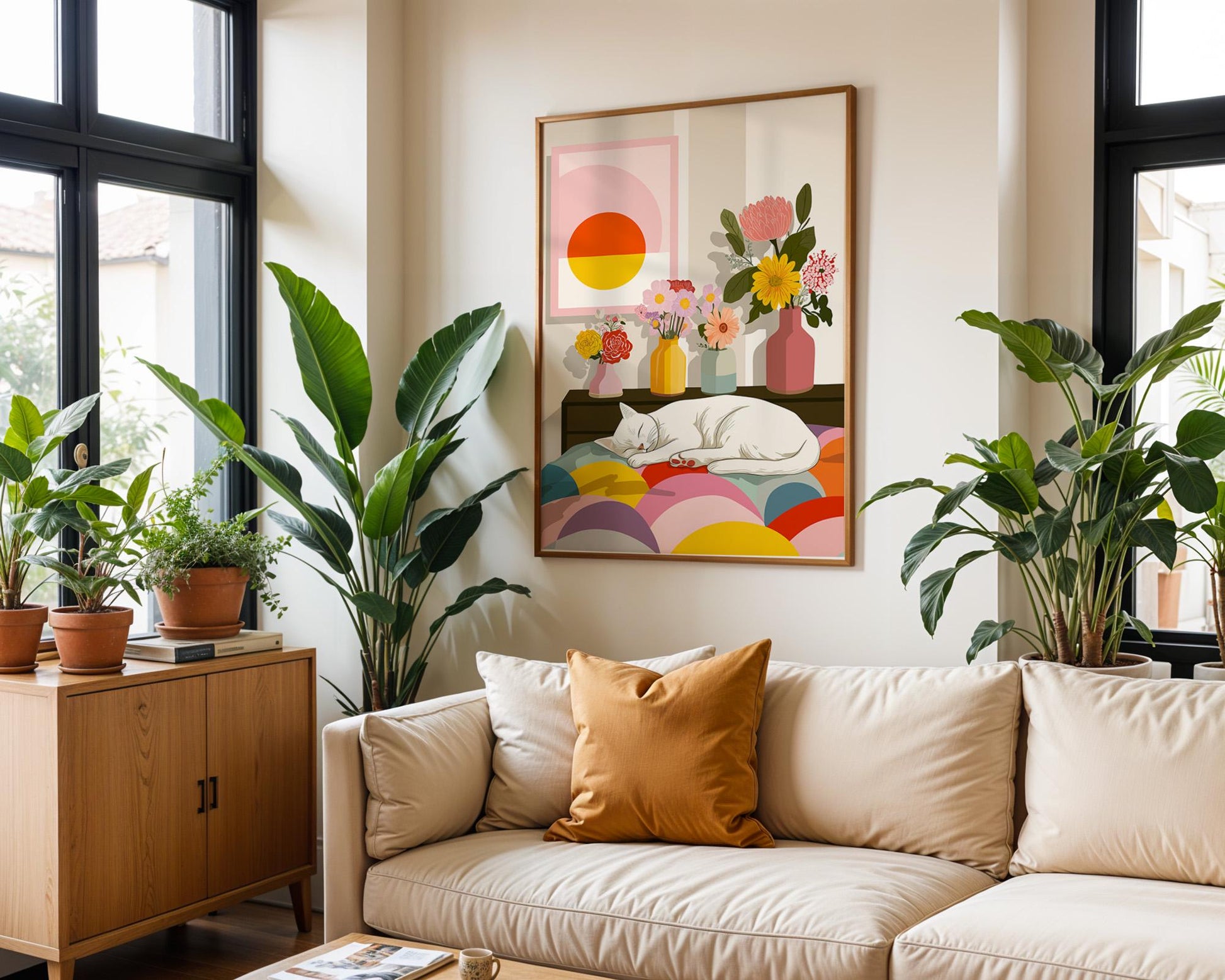 Abstract Cat Art | Retro Botanical Animal Maximalist Decor