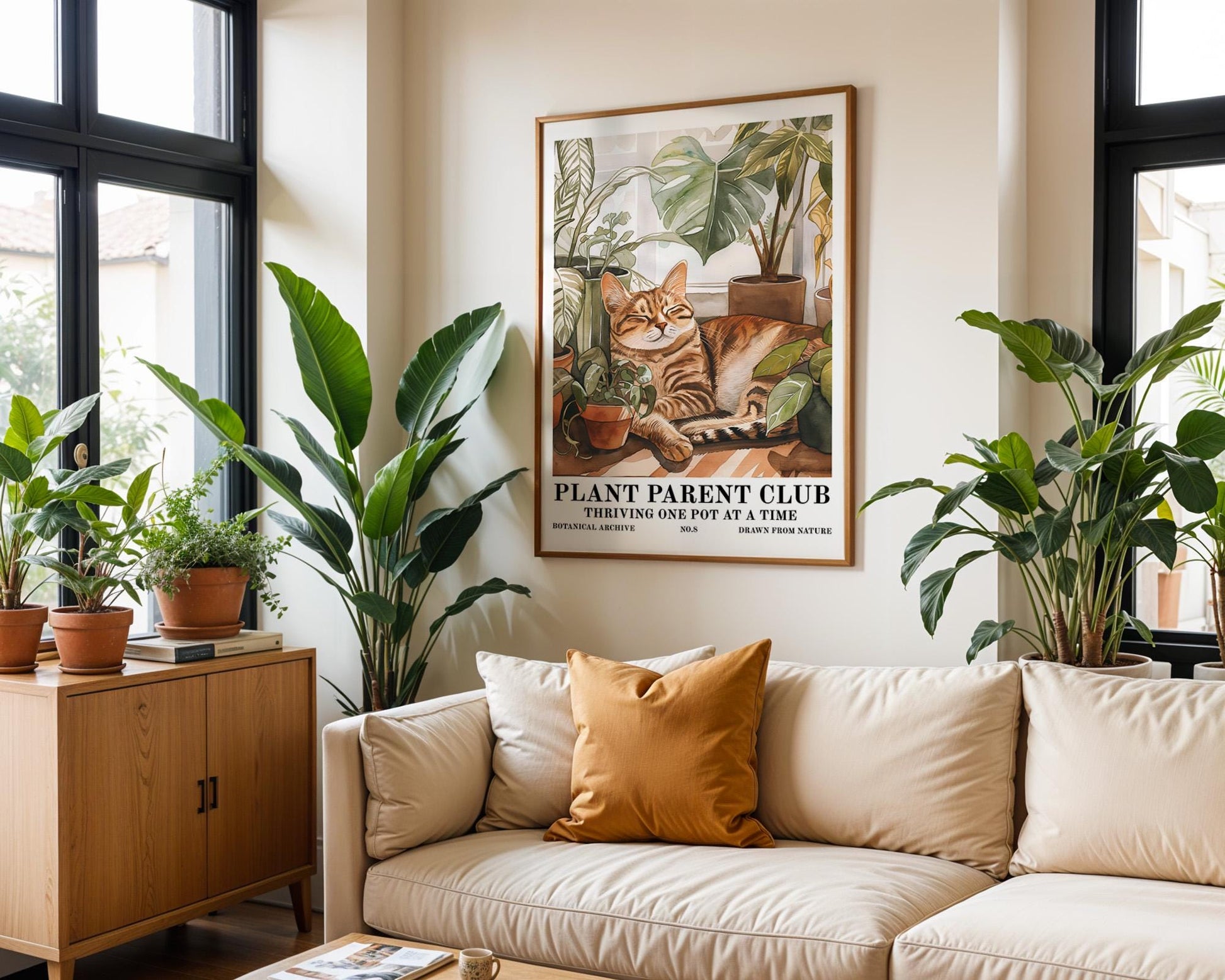 Flower Wall Decor | Retro Houseplant Print with Cat