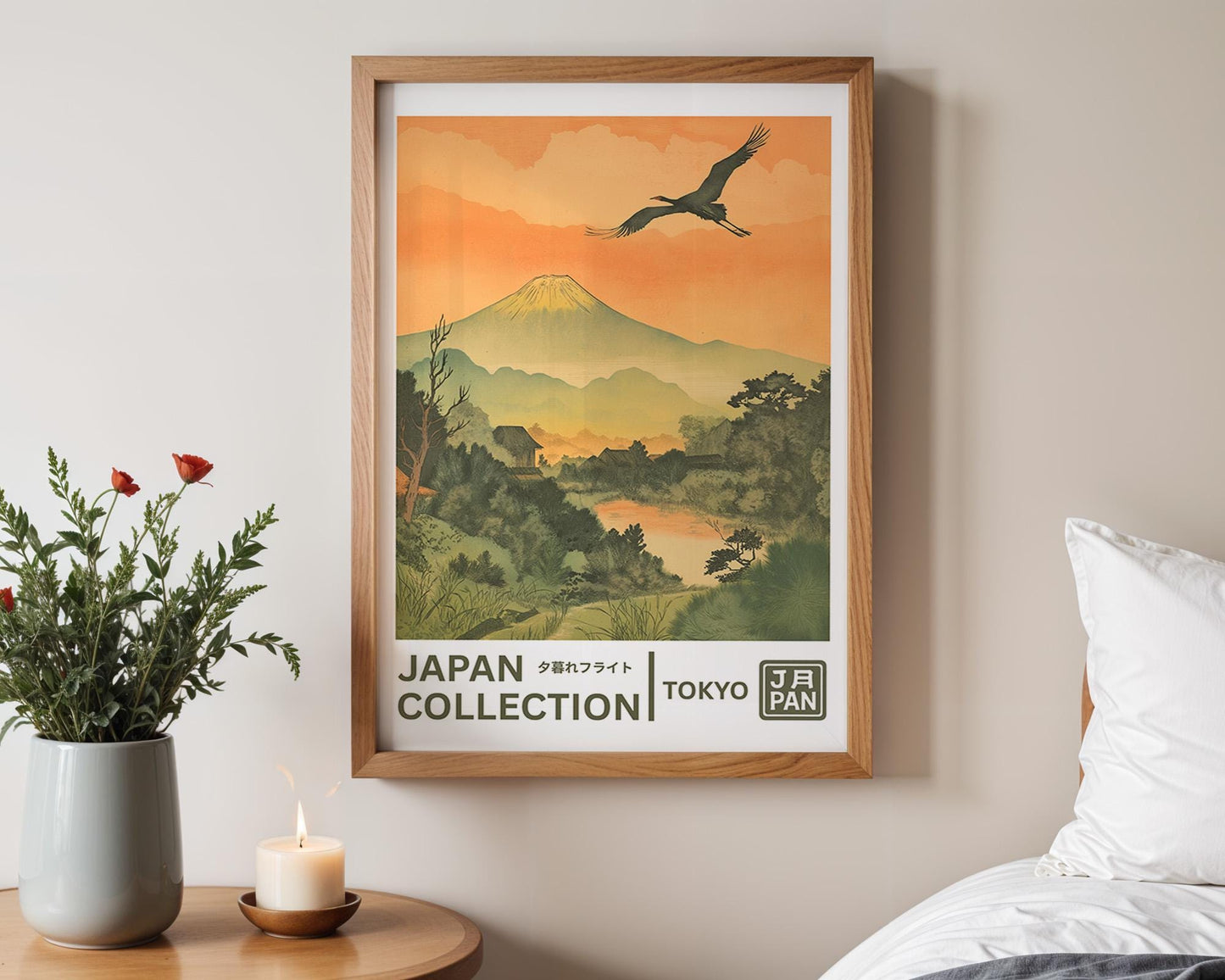 Japanese Wall Art | Ukiyo-e Crane & Mt. Fuji Artwork