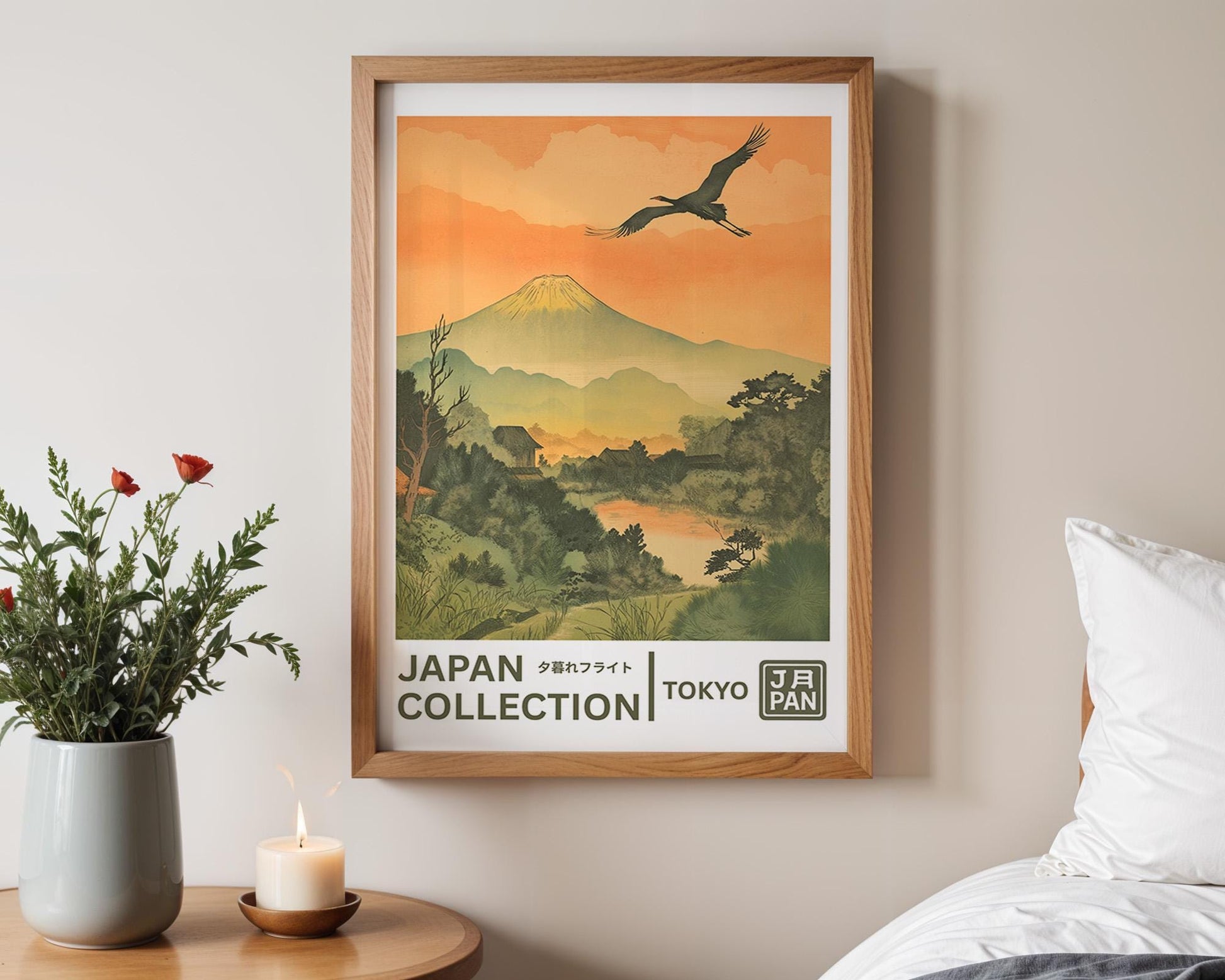 Japanese Wall Art | Ukiyo-e Crane & Mt. Fuji Artwork