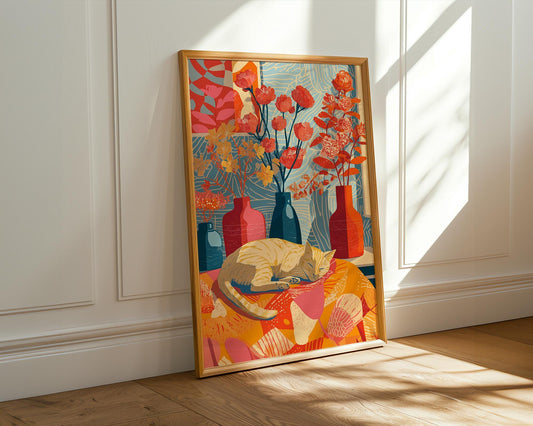 Abstract Cat Art | Retro Botanical Animal Maximalist Decor