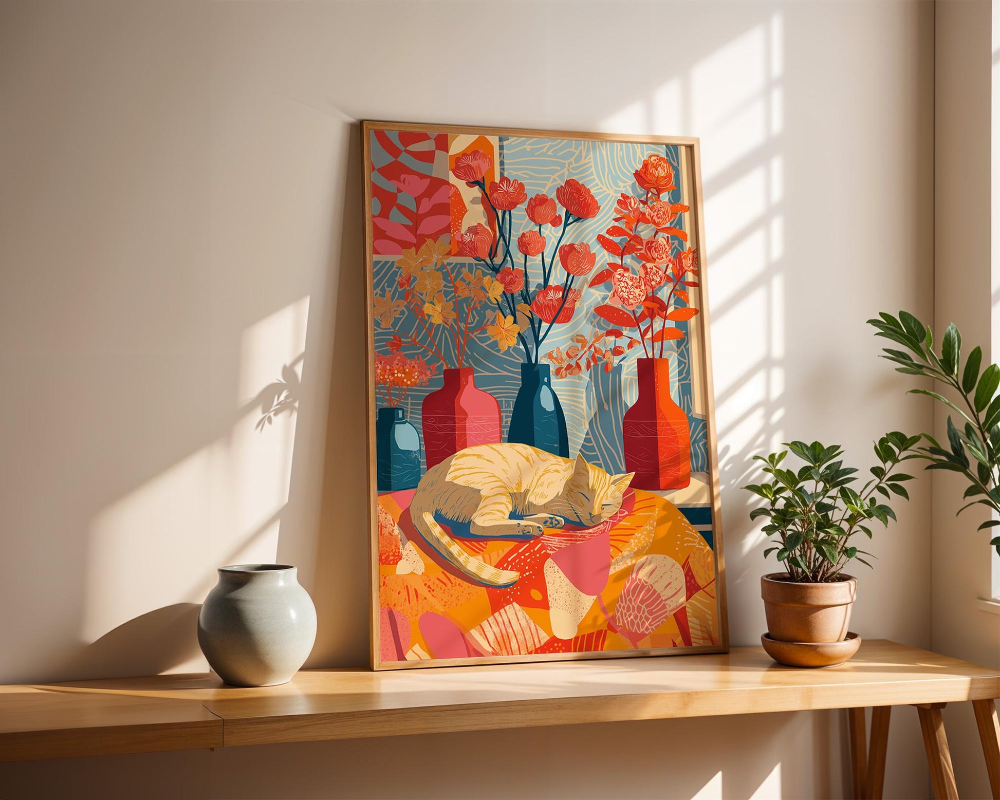 Abstract Cat Art | Retro Botanical Animal Maximalist Decor