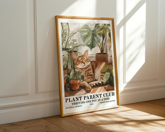 Flower Wall Decor | Retro Houseplant Print with Cat