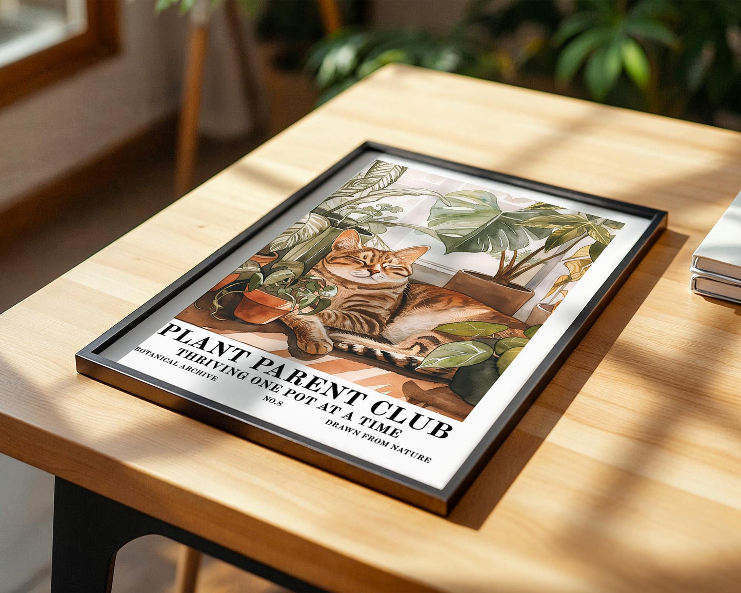 Flower Wall Decor | Retro Houseplant Print with Cat