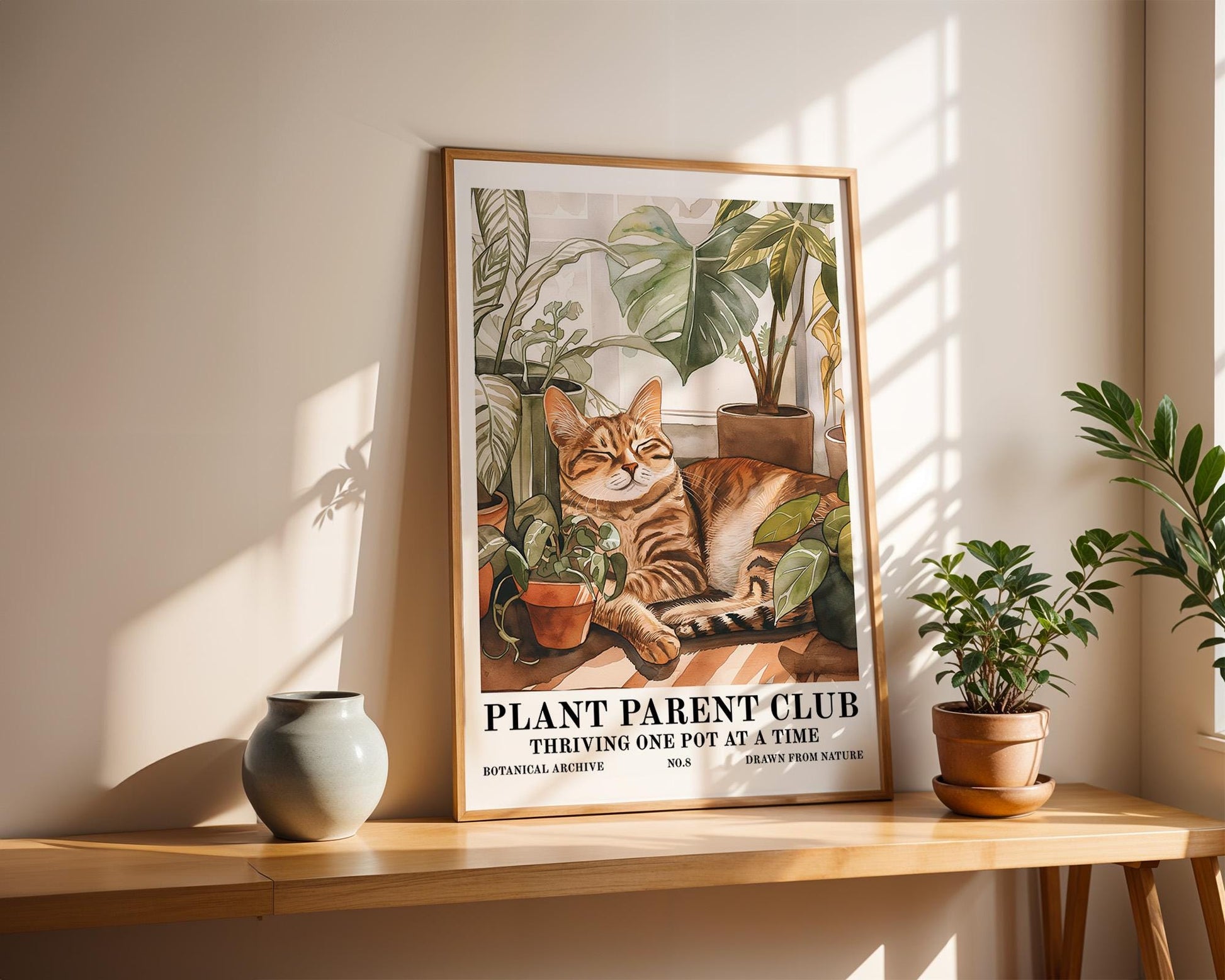Flower Wall Decor | Retro Houseplant Print with Cat